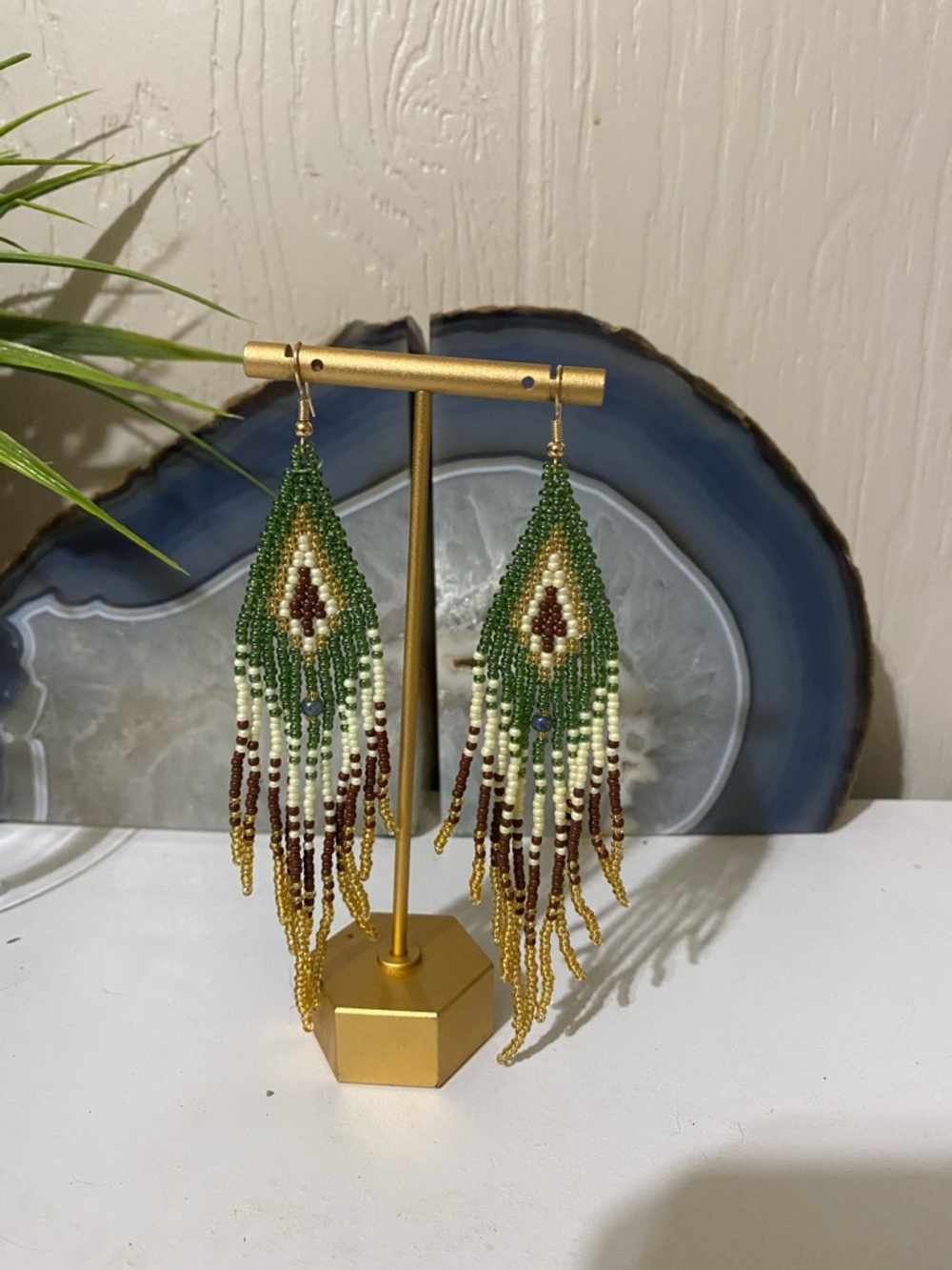 Handcrafted Green Fringe Seed Bead Earrings with Gold Accents
